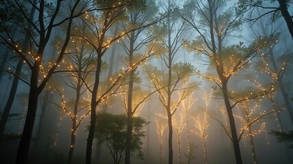 Glowing trees stand tall amidst a misty forest their branches adorned with soft luminescent leaves, glowing trees, , glowing foliage
