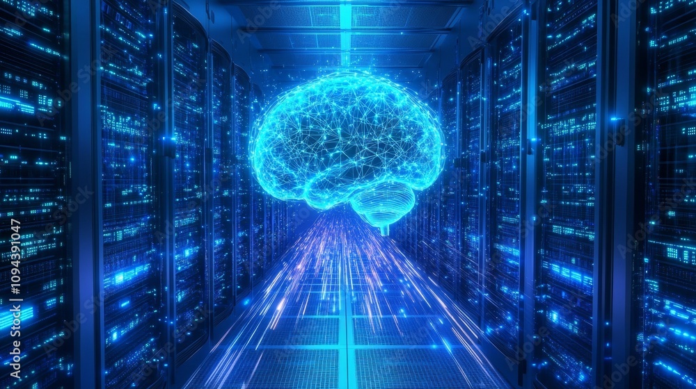 Poster exploring artificial intelligence integration in data centers virtual environment digital art futuri