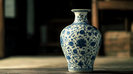 A delicate ceramic vase from the Ming Dynasty adorned with intricate blue-and-white floral patterns.