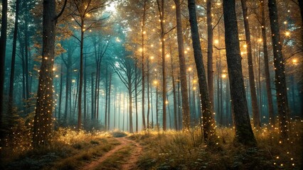 Gold and teal colors blend in harmony to create an abstract forest tapestry with sparkling fairy lights amidst the trees, nature-inspired art, enchanted woods, teal forest, whimsical atmosphere