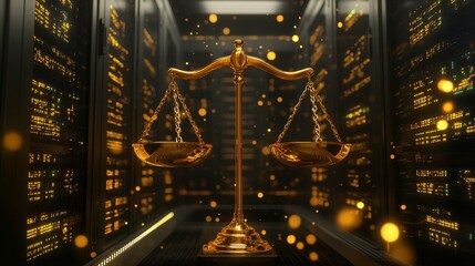 Balancing justice digital law scales in a high-tech data center abstract visualization futuristic setting conceptual representation