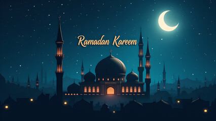 Ramadan Kareem Mosque Night Sky. Concept of Islamic holy month celebration.