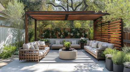 Cozy outdoor patio area with slatted shade and comfortable seating surrounded by greenery