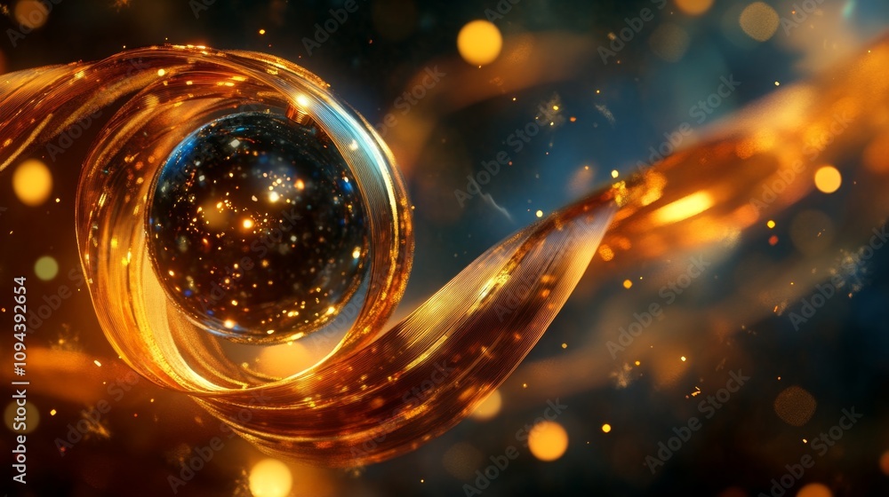 Aufkleber dynamic golden swirl with sparkling sphere abstract art digital creation vibrant colors close-up vis