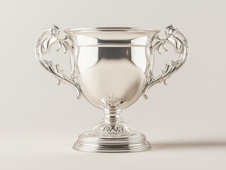 A high-resolution image of a classic silver cup trophy with intricate handles, isolated on a neutral background. 