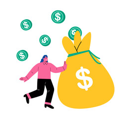 Business woman moving a large bag of money. Concept of increasing income and creating wealth. Flat vector illustration isolated on white background
