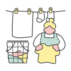 洗濯物を干すシンプルな線画女性　イラスト