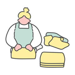 洗濯物をたたむシンプルな線画女性　イラスト