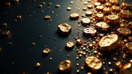 A close up of gold coins scattered on a black background