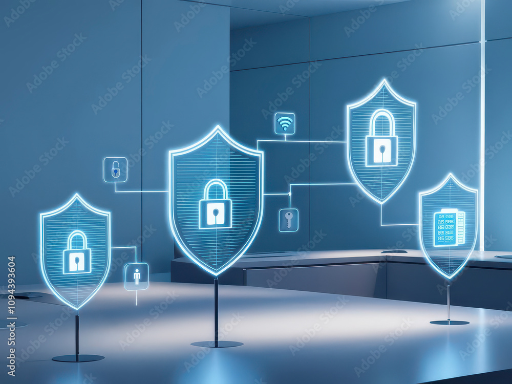 Aufkleber anti-tracking and privacy software. digital security concepts with glowing shields and lock symbols.
