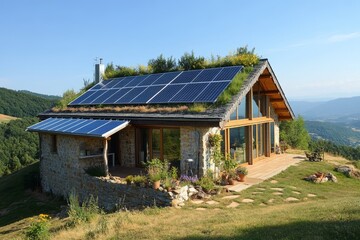 Fototapeta premium an off-grid design-house with solar panels and some greenery on the roof and one side, sustainability, off the grid , green energy