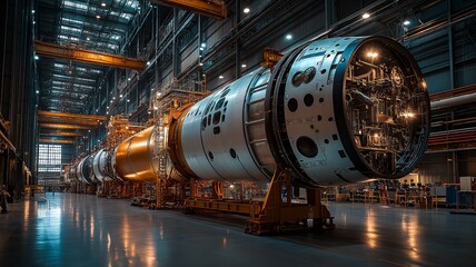 Large Rocket Components Assembled in a High Tech Facility During the Day. Generative AI