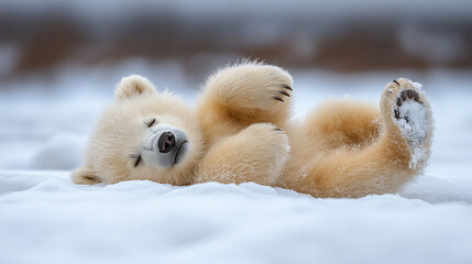 A light-colored bear cub is lying on its back in the snow.