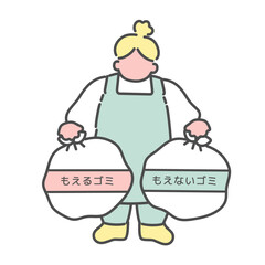 ゴミ出しをするシンプルな線画女性　イラスト
