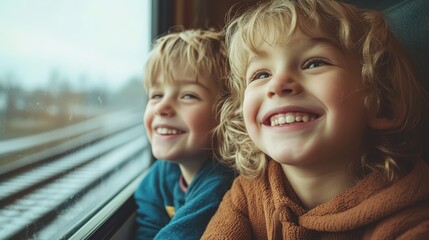 Two Children Smiling and Looking Out a Train Window