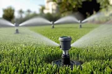 Automatic sprinkler watering green grass on golf course