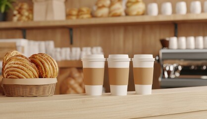 Cozy Bistro with Coffee and Freshly Baked Treats. A cozy cafe scene featuring three coffee cups alongside a basket of pastries, highlighting a warm and inviting atmosphere.
