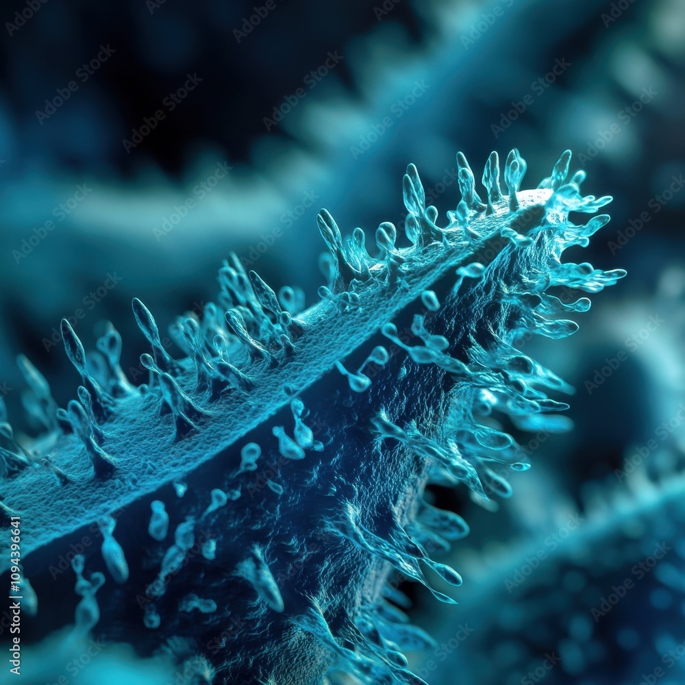 Poster close-up of a microscopic structure with intricate details and textures.