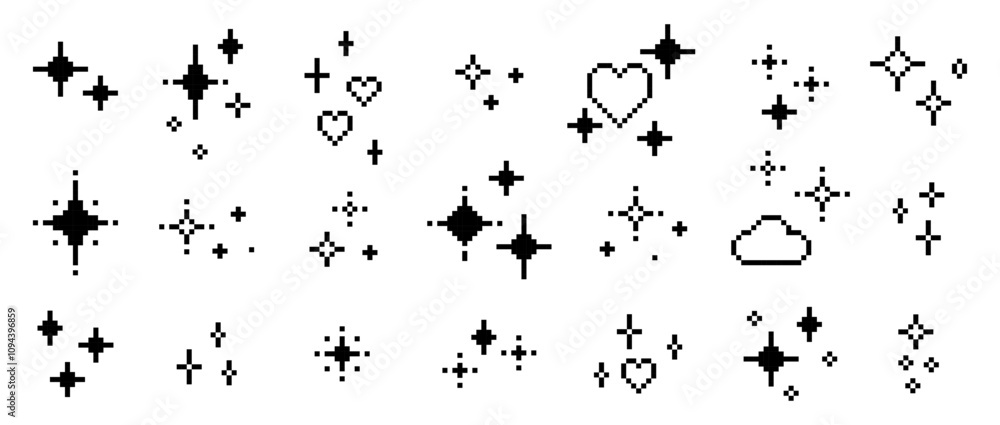 Fototapete y2k sparkling star set. glitter pixel art icon pack with sparkles, hearts. mood of 90's aesthetics. 