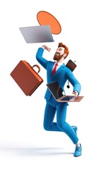 3D Businessman Juggling Work Items Like Briefcase, Laptop, and Phone