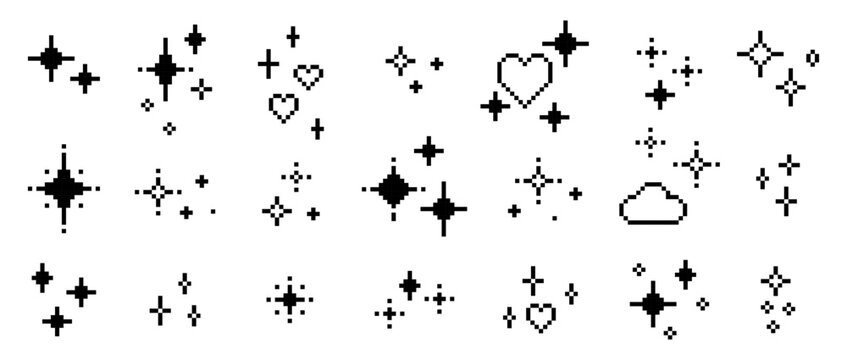 Y2k sparkling star set. Glitter pixel art icon pack with sparkles, hearts. Mood of 90's aesthetics. 8 bit retro style editable vector illustration. Simple geometric shape for collage, text decoration