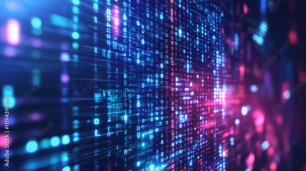 Poster cyberspace with digital matrix, data network, and data analysis, represented by digital particles fo