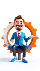 A 3D businessman sitting on a giant gear, symbolizing teamwork and productivity