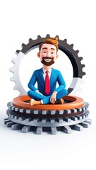 A 3D businessman sitting on a giant gear, symbolizing teamwork and productivity
