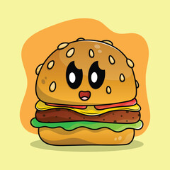 Adorable cheeseburger with tomato, lettuce, meat, and cheese between buns. Happy hamburger character illustration.