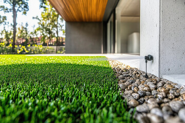 Automatic sprinkler system watering artificial grass lawn in modern house backyard