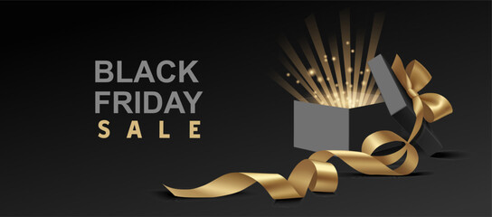 Black Friday sale design template. Open black gift box with golden glow, yellow swirl long ribbon, bow and black Friday sale text. Vector stock illustration.