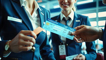 Viajes en avión. Azafata supervisando billetes de embarque antes de despegar