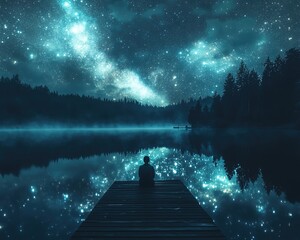 Serene night by the lake under starry sky ,Night sky reflection over a tranquil lake, dreamy night sky with galaxy stars, peaceful night sky scene for meditation and inspiration