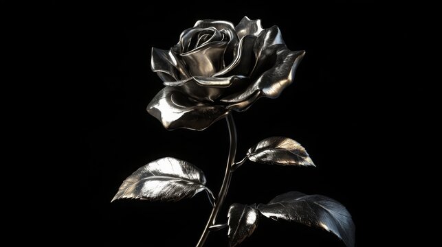 Chrome liquid metal rose flower. 3D render, modern design. Isolated holographic futuristic floral icon. Y2K, brutalism retro futurism bloom concept.
