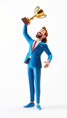 A victorious 3D businessman holding a golden trophy, celebrating business success