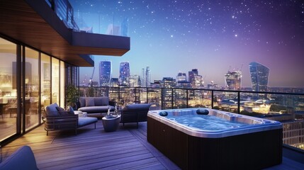 Fototapeta premium Luxurious rooftop terrace with a hot tub overlooking a city skyline at night.
