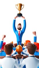 A victorious 3D businessman holding a golden trophy, celebrating business success