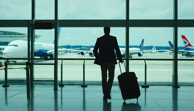 Viajes en avi&oacute;n. Persona sola soltera caminando por la terminal de un aeropuerto con su maleta de viaje