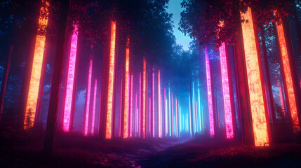A futuristic LED forest with tall glowing pillars creating a surreal atmosphere.
