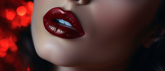 Fototapeta premium Makeup artist applies red lipstick to a beautiful female face, enhancing her features with precise makeup application and elegance