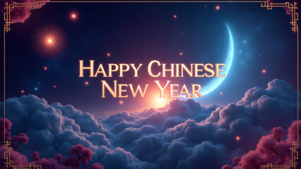 Happy Chinese New Year greeting card with moon and clouds. Concept of celebration, festival, and tradition.