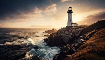 Fototapeta premium Lighthouse at sunset at wavy sea by the cliff