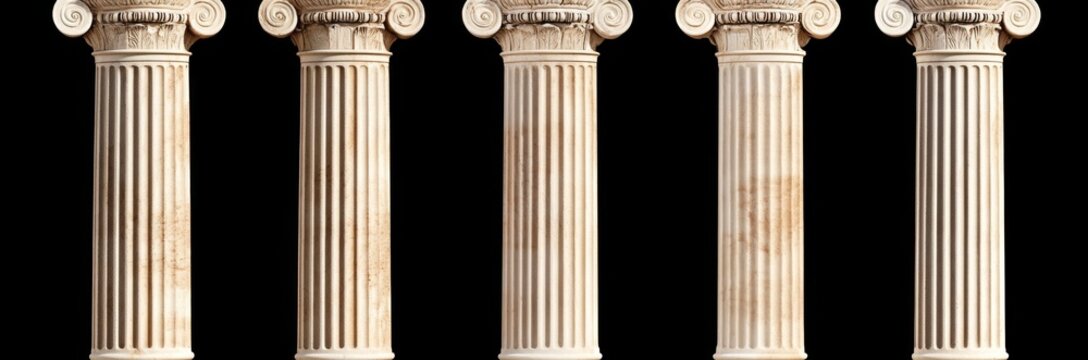 Classical Ionic and Corinthian Columns - Detailed close-up of six columns on a transparent background, highlighting intricate design.