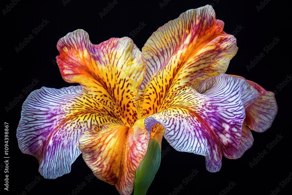 Poster a vibrant close-up of a multicolored flower with intricate patterns and textures.