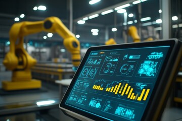 Industrial robotics interface in a modern automated factory setting.