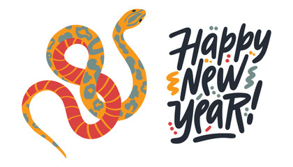 Happy new year 2025 snake banner. Greeting card with symbol of the year 2025. Cute snake and simple text.