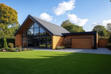 Obraz premium Contemporary Timber & Stone House with Spacious Windows and Vibrant Lawn - A modern home with stylish design and natural elements.
