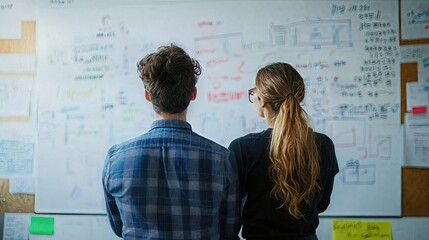 A man along with a woman are observing content on a whiteboard