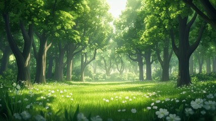 Obraz premium Magical Forest Morning: Early Dew and Bird Chorus in Enchanted Woodland Setting