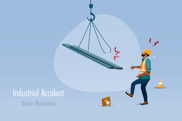 Accident at construction site. Steel plate falling on workers.  Safety first, accident awareness and unsafe workplace in construction industry concept.
